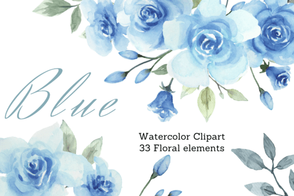 Download Watercolor Dusty Blue Roses Clipart Set - Set Collection