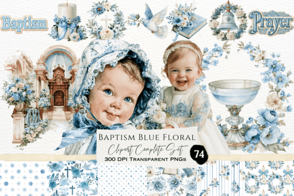 Download Baptism Blue Floral Watercolor Set - Set Collection