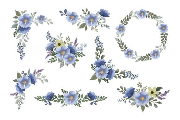Download Set of Blue Floral Watercolor Frame - Set Collection