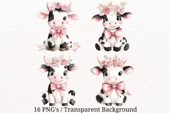 Download 16 PNG Whimsical Cow Floral Clipart Set - Set Collection