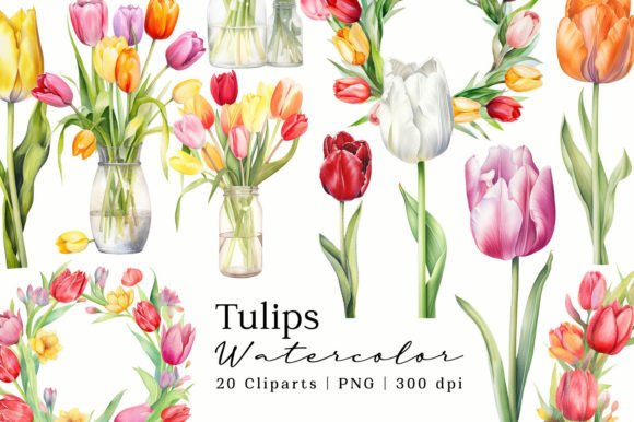 Download Tulips Flowers Watercolor Cliparts Set - Set Collection