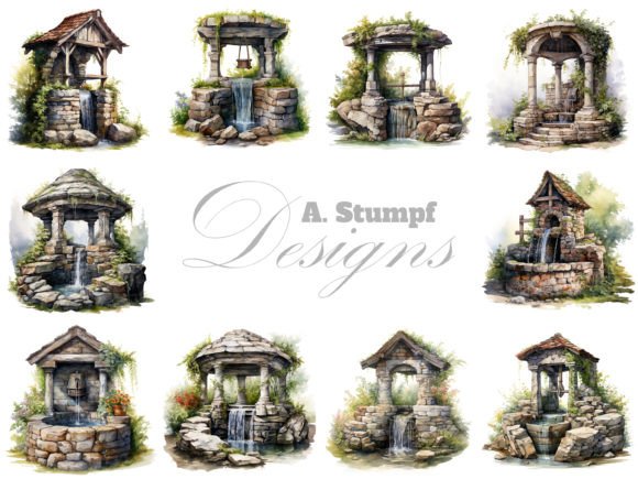 Download Stone Well in Summer Garden Clipart Set - Set Collection
