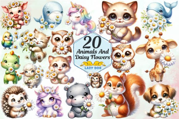 Download Cute Animals &amp; Daisy Flowers Design Set - Set Collection